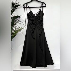 Jason Wu Black Satin Tie Strap low black slip midi dress ruched S
